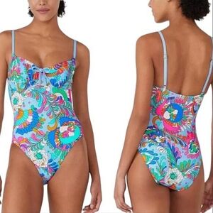 Kate Spade Multicolor One Piece Swimsuit Blue Boho Paisley Women's Small NEW